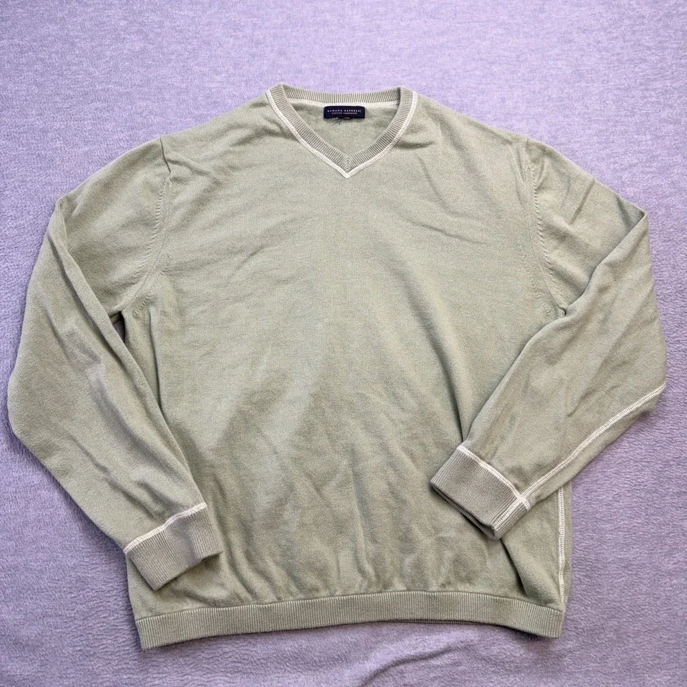 Banana Republic Sweater‎ Mens Large Green Cotton Cashmere V-Neck Knit Pullover
